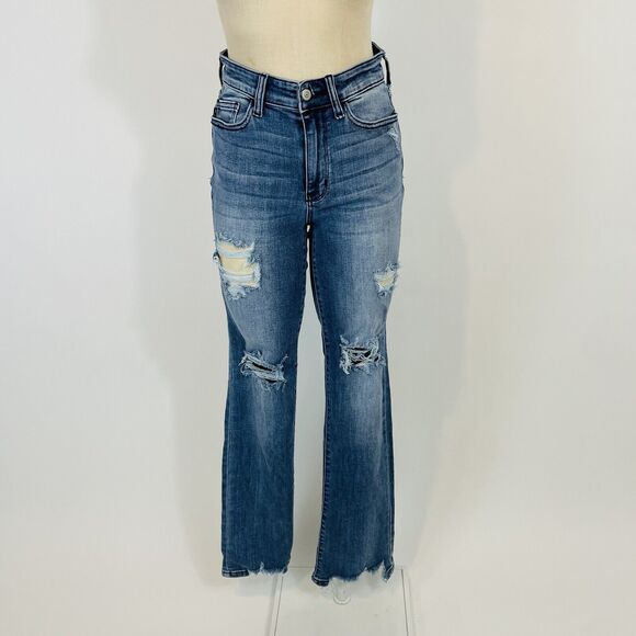 Judy Blue Straight Fit Jeans Women's Size 5 27 Mid Rise Ripped Knee Raw Hem - Picture 2 of 13